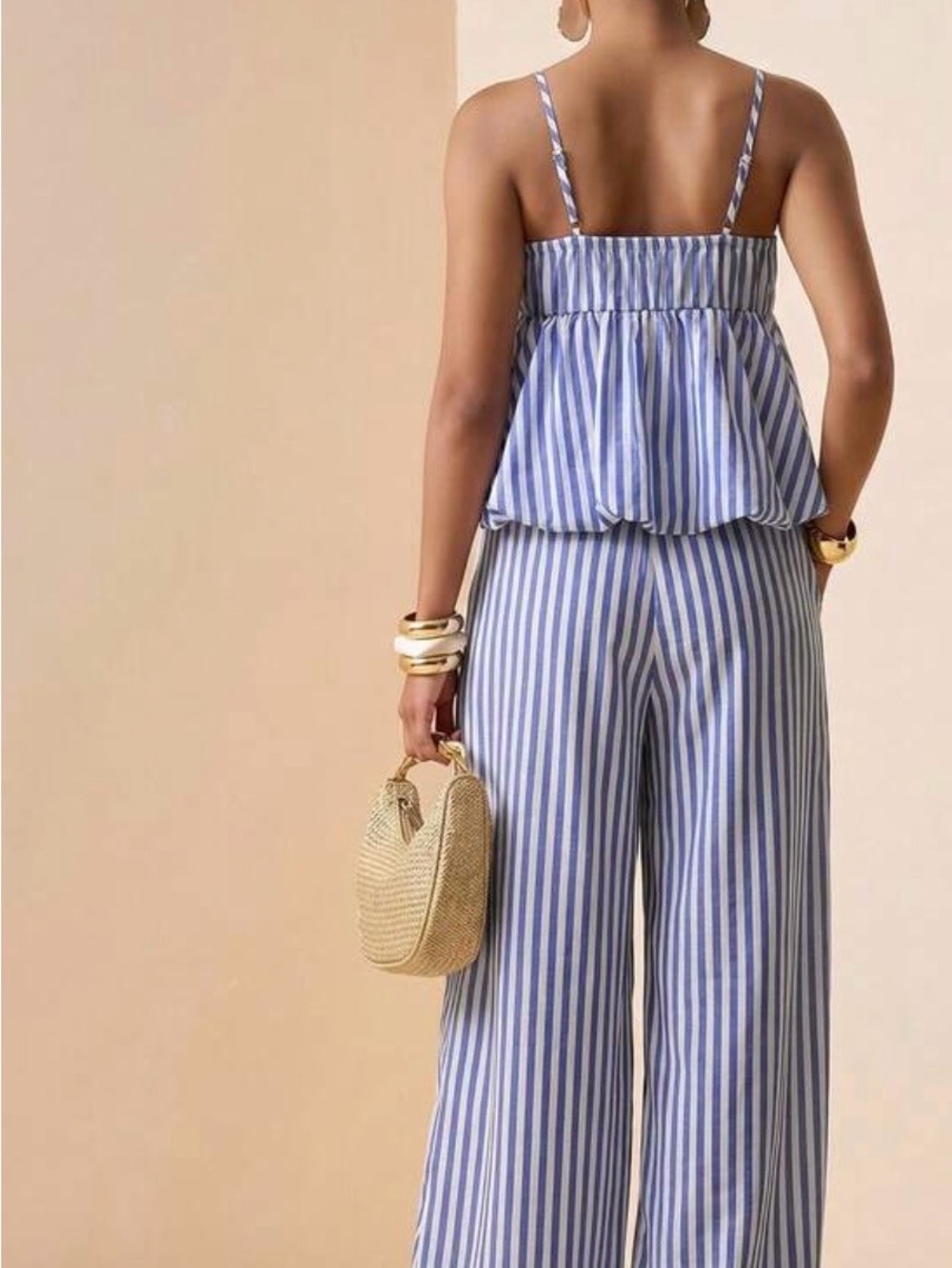 SHEIN Blue and White Striped Wide-Leg Pants - Picture 2 of 3